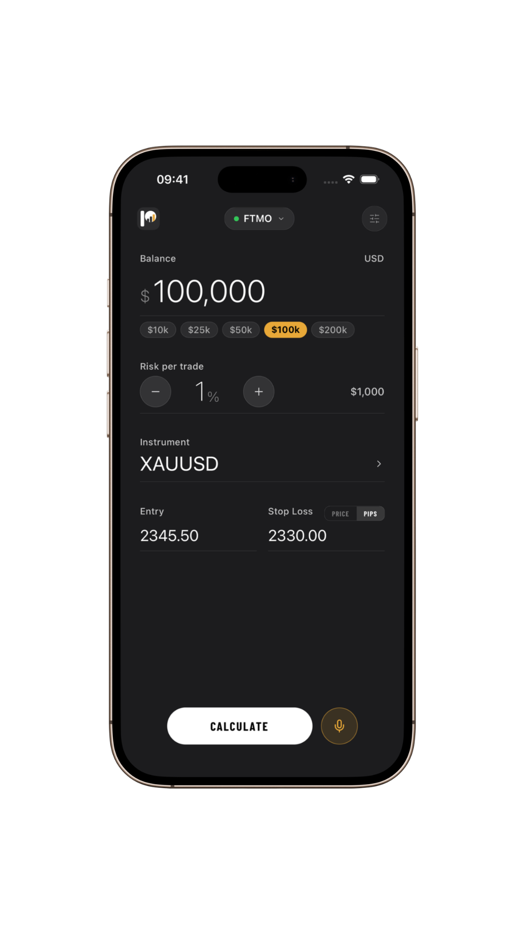 PropSize app — position size calculator showing trade setup