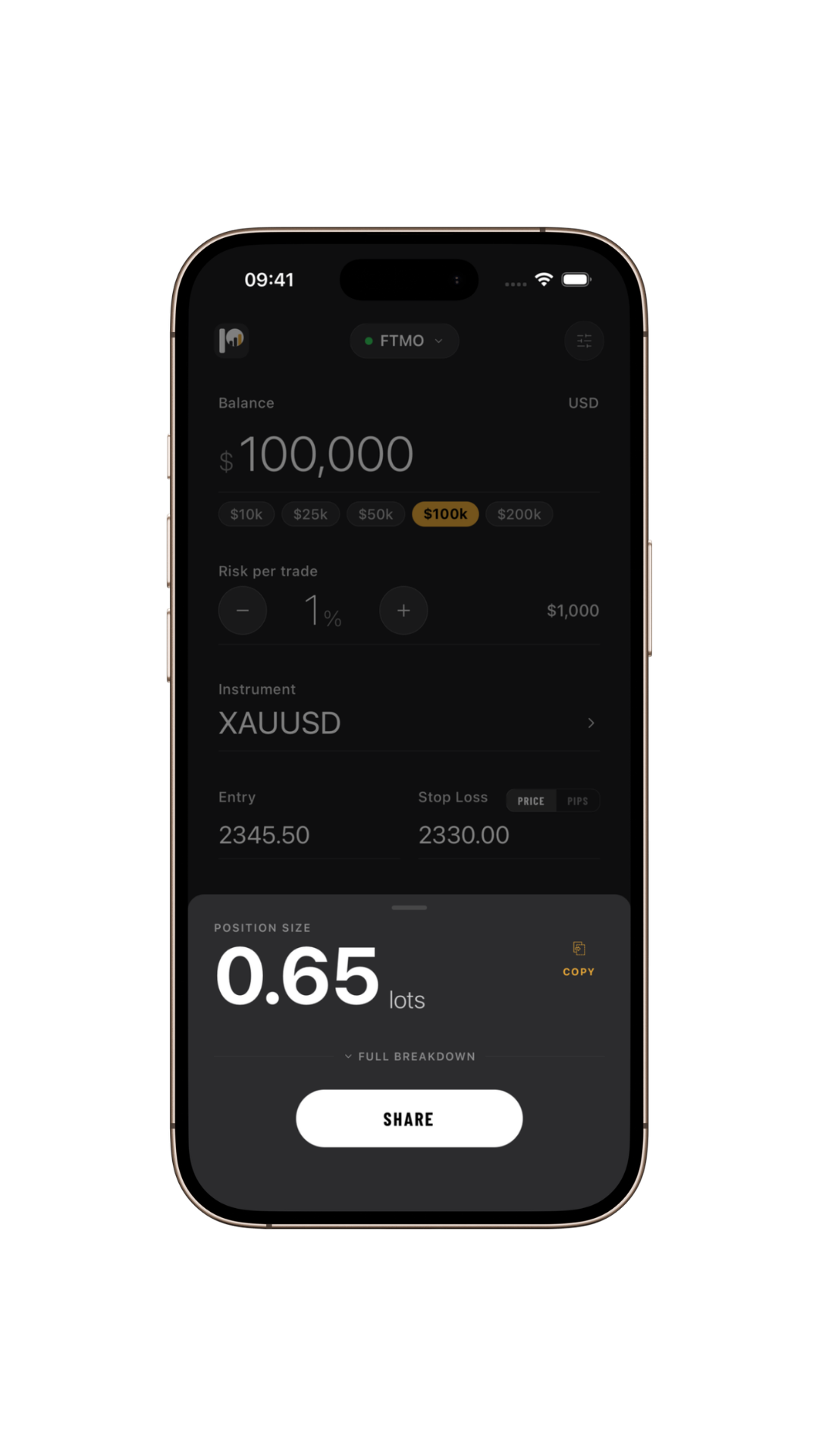 PropSize lot size result screen
